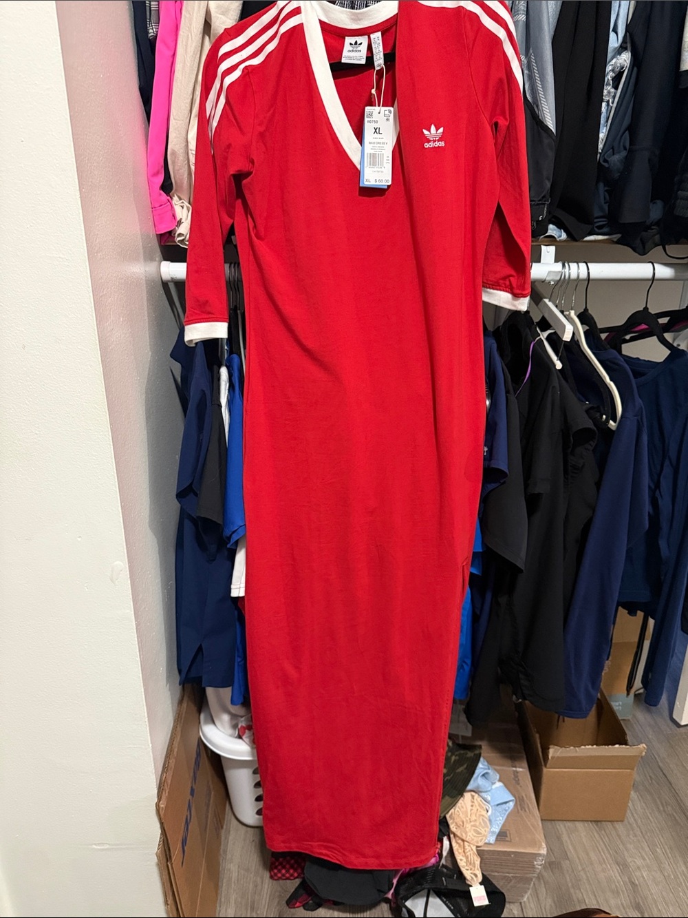 adidas Red V-Neck Long Sport Dress with White Stripe Detail
